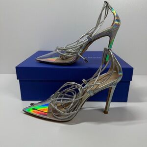 NEW Stuart Weitzman Stuart Lace-Up Point Toe Stiletto 100 Pump in Silver/Clear